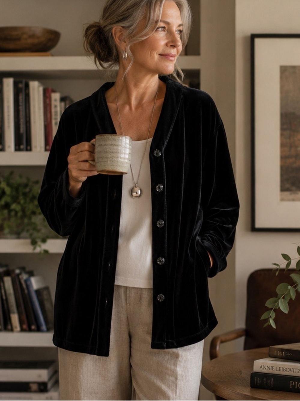 Vintage Black Velvet Button Front Cardigan Jacket Lagenlook Artsy Minimalist 2X